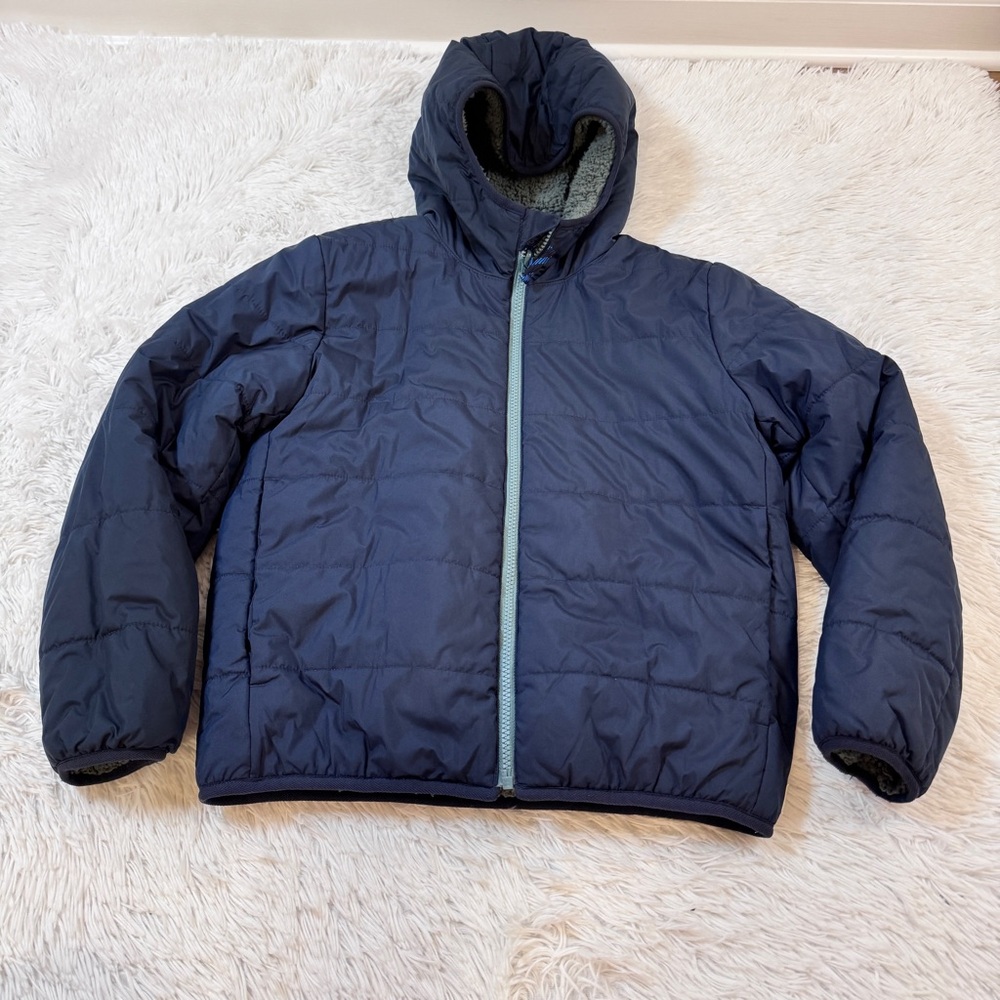 Crewcuts boy's long sleeve reversible Hooded Puffer sherpa Jacket in navy blue